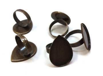 RB033 - 10 pcs. Antique Bronze ADJUSTABLE Cabochon Setting Bezel RING bases settings - Ring Size 8 US - Glue Pad - 25mm x 18mm - Teardrop - 25x18mm