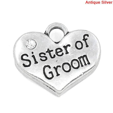 P063 - 4 pcs. Antique Silver "Sister of Groom" charm with rhinestone - 16mm X 14mm
