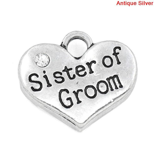 P063 - 4 pcs. Antique Silver "Sister of Groom" charm with rhinestone - 16mm X 14mm