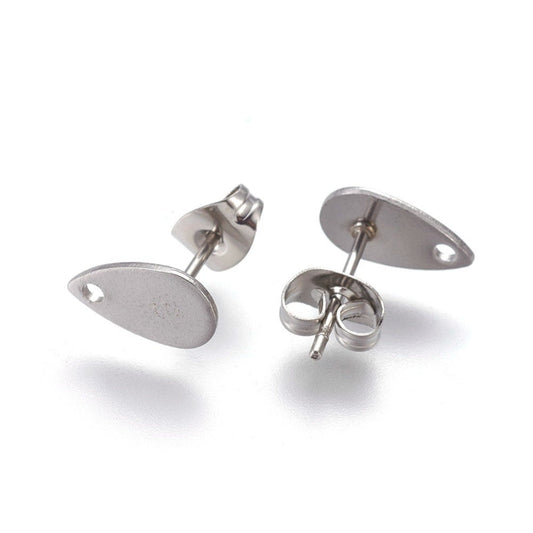 E479 - 10 pcs. (5 pairs) 304 Stainless Steel Teardrop Earring Posts/Bases/Studs/Settings with Backs - 10mm x 6mm - Hole for Dangles - Silver Tone