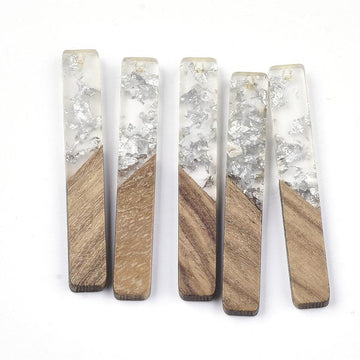 MP0015 - 4 pcs. Silver and Clear Resin and Wood Rectangle Flat Pendant - 52mm x 8mm - (2.05" x 0.32") - Great for Earrings and Necklaces!