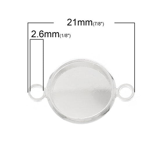 P467 - 30 pcs. Silver Plated Circle Round Bezel Cabochon Cameo Connectors Tags Trays - 12mm Glue Pad - Made of Copper!