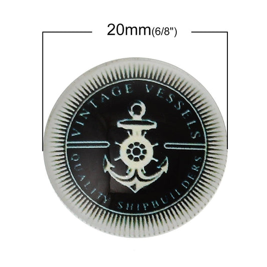 CA1000 - 10 pcs Circle Compass Anchor Glass Round Dome Seals Tiles Cabochons - 20mm (0.79 in) - About 3/4 inch