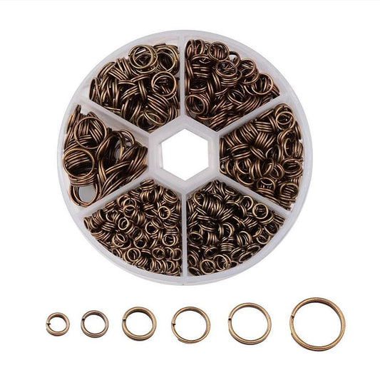 J302 - Assortment Box of Antique Bronze Split Jump Rings 4mm, 5mm, 6mm, 7mm, 8mm, 10mm - 1mm-1.3mm Thick - Plastic Storage Box Included