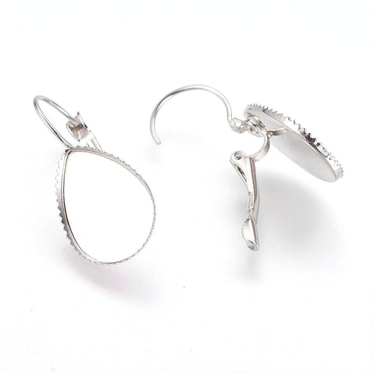 E374 - 10 pcs. Silver Tone Earring Clips Settings Lever Back Bezels - 18mm x 13mm Glue Pad Setting - Teardrop - 18x13mm - 13x18mm - Made of Brass