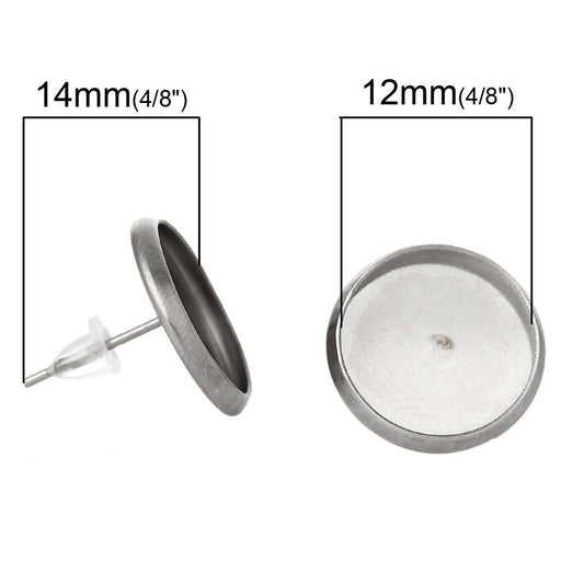 E198A - 10 pcs. 304 Stainless Steel Earring Posts Studs Settings Bezels Cabochons Tacks – 12mm Glue Pad Setting – Silver Tone