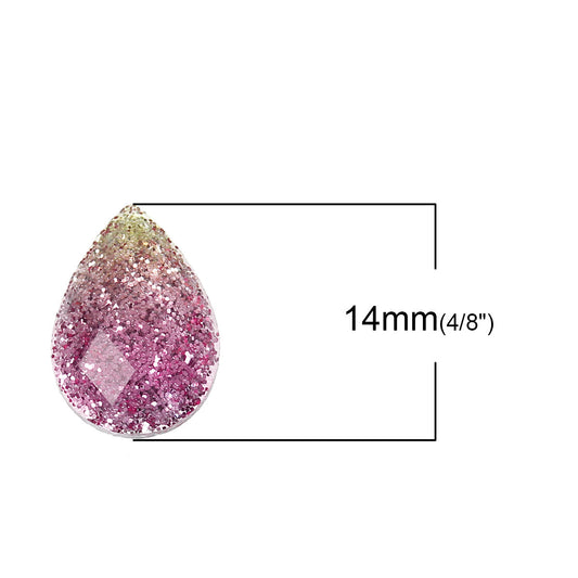 CA571 - 10 pcs Resin Embellishment Cabochons Bicolor Glitter - Pink and Yellow - 14x10mm - Teardrop - 14mm x 10mm
