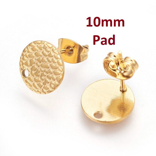 E558 - 10 pcs. (5 pairs) 304 Stainless Steel Golden Earring Posts/Bases/Studs/Settings - 10mm Diameter - Hole Size: 1.2mm - TEXTURED - Style D