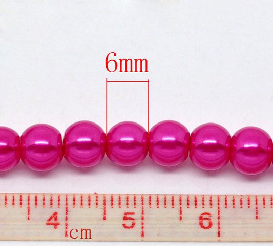 BD061 - 6mm Pink Glass Pearl Imitation Round Beads - 32 inch strand