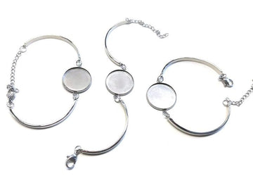 B085 - 2 pcs. 316 Stainless Steel Silver Tone Bezel Cabochon Bracelets - 20mm Glue Pad - with Extender Chain