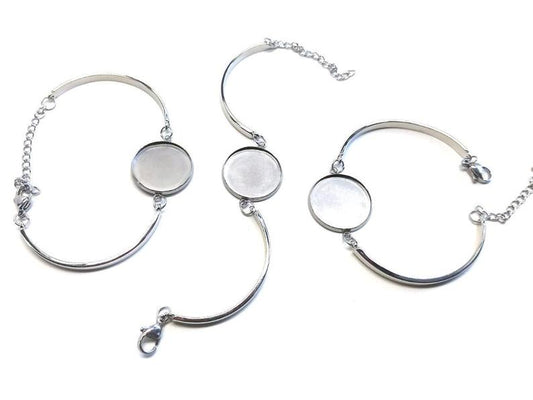 B085 - 2 pcs. 316 Stainless Steel Silver Tone Bezel Cabochon Bracelets - 20mm Glue Pad - with Extender Chain