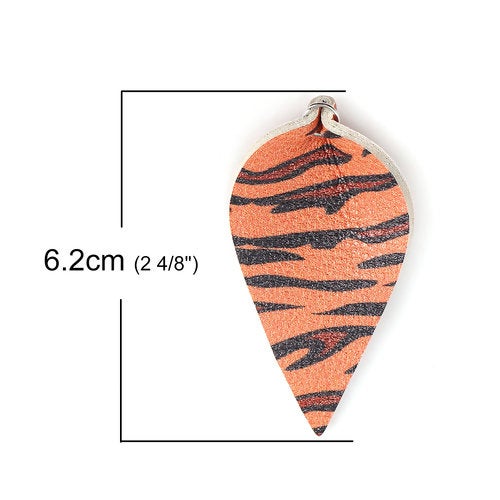 P386 - 10 pcs. Tiger Faux Leather Dangle Charms Pendants - Pinch Leaf - Black Orange - Silver Tone Jump Ring - 62mm (2.5") - Double Sided