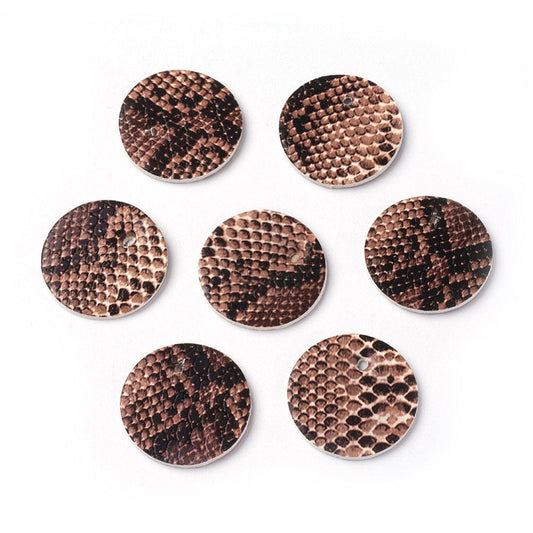 P2020 - 10 pcs. Snake Skin Animal Faux Leather Dangle Charms Pendants - Black and Brown - Circle - 24mm (0.95") - Double Sided
