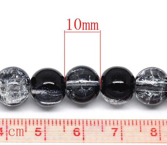 BD255 - 10mm - 80 pcs Black Clear Crackle Glass Round Beads - 31.5 inch strand