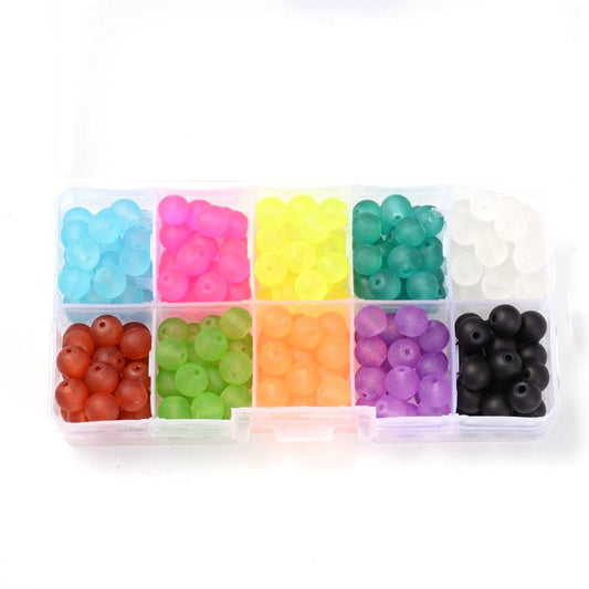 BD725 - 100 Beads - 10mm Assortment Box of Glass Frosted Round Beads - Hole Size: 1.3mm - 10 Colors! Set 4