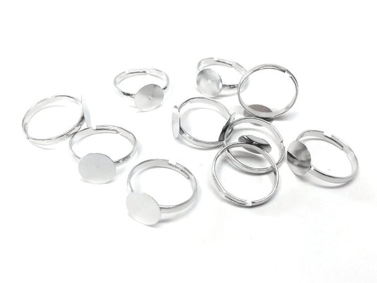 RB046 - 20 pcs. Silver Tone ADJUSTABLE RING bases - Ring Size 7.5 - Flat Glue Pad 10mm