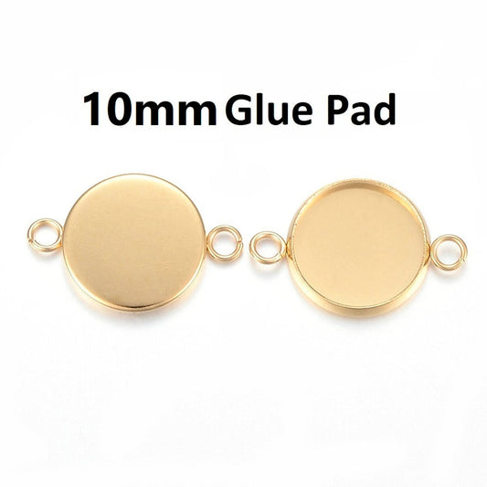 P2095 - 10 pcs. 304 Stainless Steel Golden Circle Round Bezel Cabochon Cameo Connector Tags Trays - 10mm Glue Pad - Tarnish Resistant