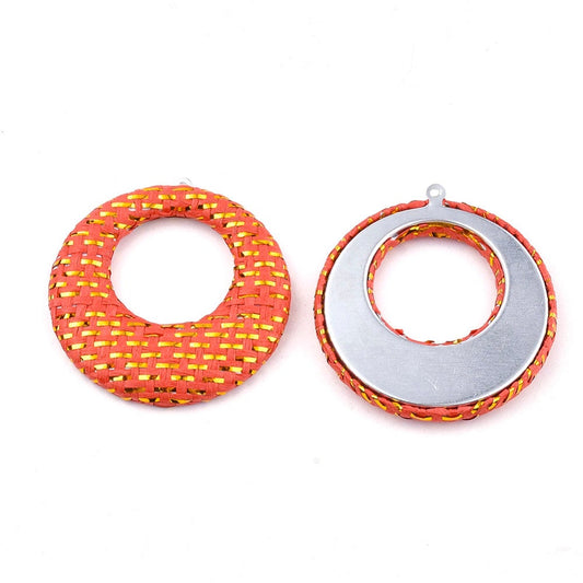 P400 - 4 pcs. Orange and Gold Raffia Dangle Charms Pendants - Circle Hoop Weave - 44mm (1.73") - Great for Earrings or Dangles!