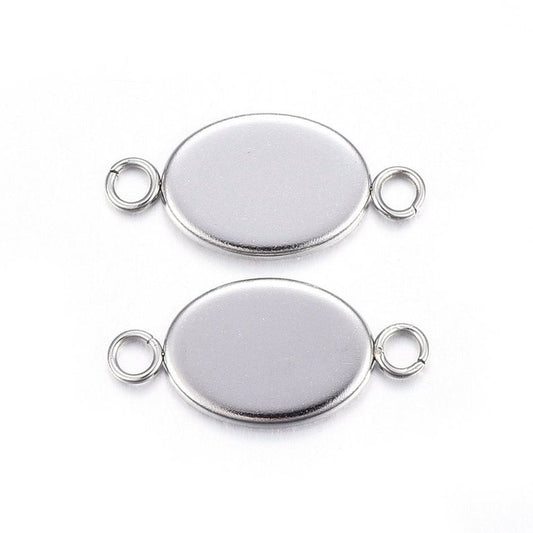 P1154 - 10 pcs. 304 Stainless Steel Silver Tone Oval Bezel Cabochon Cameo Connector Tags Trays - 14mm x 10mm Glue Pad - Tarnish Resistant!