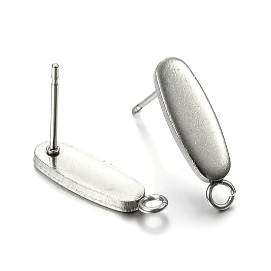 E515 - 10 pcs. (5 pairs) 304 Stainless Steel Oval Earring Posts / Bases/ Studs / Settings with Backs - 16mm x 4.5mm - Silver - with Loop