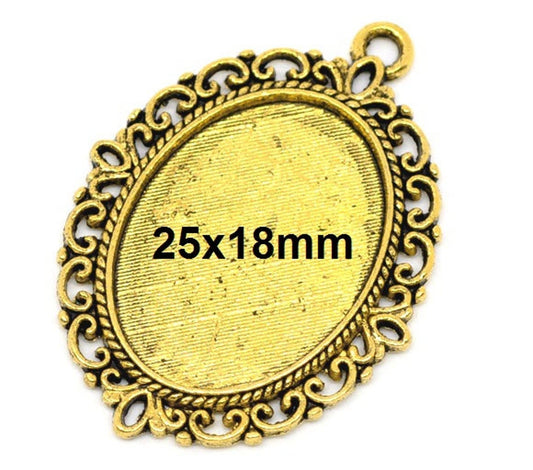 P2210 - 10 pcs. Antique Gold Plated Oval Pendant Picture Photo Frame Bezel Setting Pendants Charms - 25mm x 18mm Glue Pad for Cabochons - 25x18mm
