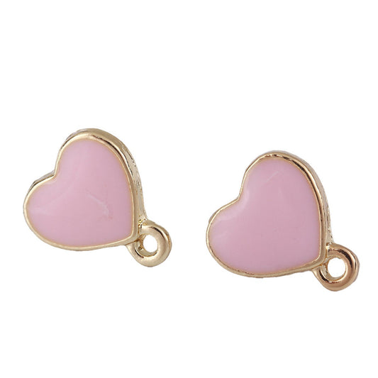 E705 - 10 pcs. Gold Plated with Pink Enamel Heart Earring Posts Studs with Loop Cabochons Tacks- 12mm x 11mm Base - 14mm Length - Hole Size: 1.2mm