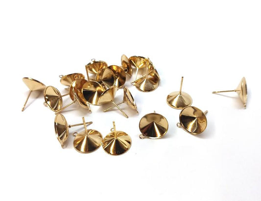 E595 - 10 pcs. (5 pairs) 304 Stainless Steel Earring Cone Posts Studs with Parallel Loop - Golden - For 12mm Pointed Back Rhinestones - Hole: 1mm