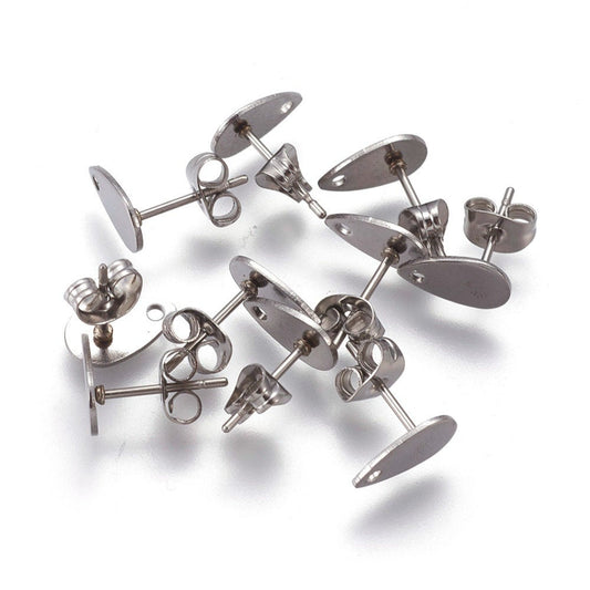 E479 - 10 pcs. (5 pairs) 304 Stainless Steel Teardrop Earring Posts/Bases/Studs/Settings with Backs - 10mm x 6mm - Hole for Dangles - Silver Tone