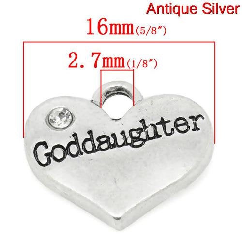 P2012 - 10 pcs. Antique Silver "Goddaughter" charm with rhinestone - 17mm X 14mm