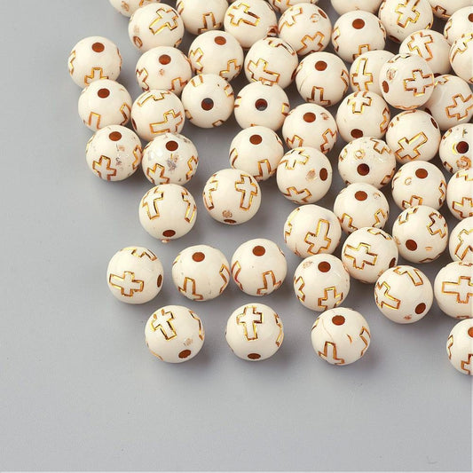 BD180 - 88 pcs Ivory Cream Acrylic Round Spacer Beads - 10mm (0.39") - Gold Plated Cross Design - Hole Size: 2mm