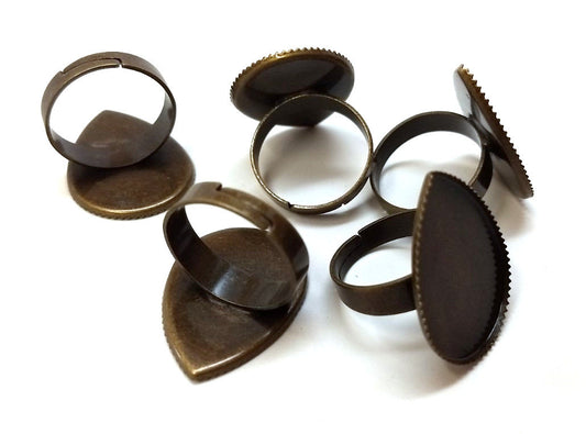 RB033 - 10 pcs. Antique Bronze ADJUSTABLE Cabochon Setting Bezel RING bases settings - Ring Size 8 US - Glue Pad - 25mm x 18mm - Teardrop - 25x18mm