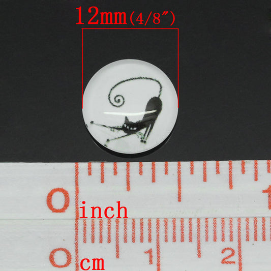 CA082A - 10 pcs Circle Black and White Cat Glass Round Dome Seals Tiles Cabochons - 12mm (1/2 in) - Single - Pouncing