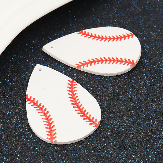 P215 - 10 pcs. White and Red Baseball Ball Faux Leather Dangle Charms Pendants - Teardrop - Sports - 57mm (2.25") - Double-Sided