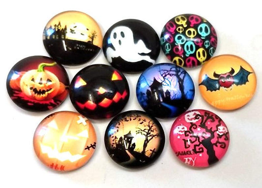 CA935 - 10 pcs Circle Halloween Jack O Lantern Glass Round Dome Seals Tiles Cabochons - 12mm - Set 2