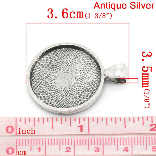 P743 - 10 Antique Silver Tone Pendant Trays Circle Posts Settings Bezels Cabochons - (1") 25mm Glue Pad Setting (1 inch)