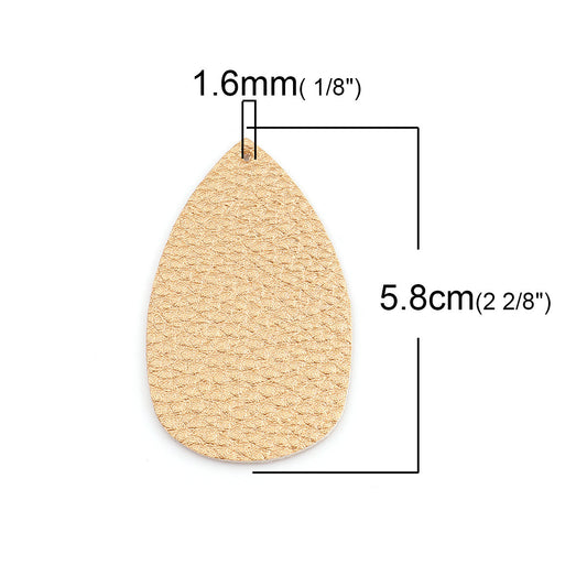P769 - 10 pcs. Light Gold Faux Leather Dangle Charms Pendants - Plump Teardrop - 58mm (2.3") - Great for Light Earrings! Double-Sided