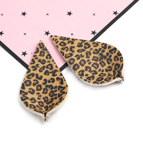 P233 - 10 pcs. Leopard Faux Leather Dangle Charms Pendants - Pinch Leaf - Black Yellow - Silver Tone Jump Ring - 62mm (2.5") - Double Sided