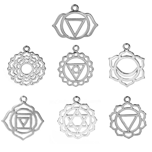 P407 - 7 pcs Silver Tone Chakra Charms Pendants - 31mm x 27mm(1 1/4" x 1 1/8") - 29mm x 23mm(1 1/8" x 7/8") - Assortment