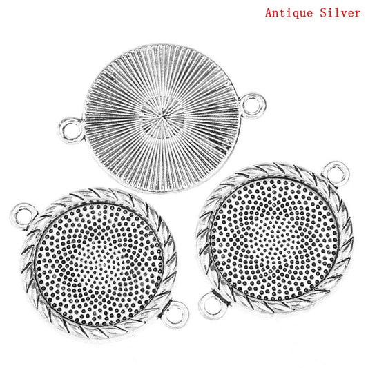 P842 - 10 pcs. Antique Silver Tone Circle Round Bezel Cabochon Cameo Connector Tags Trays - 20mm Glue Pad