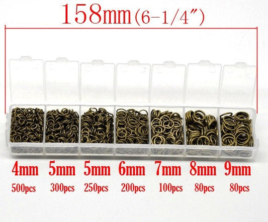 J181 - Box with Assortment of 1510pcs Antique Bronze Open Jump Rings- 4mm to 9mm