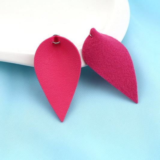 P1162 - 10 pcs. Pink Fuchsia Faux Leather Dangle Charms Pendants - Pinch Leaf - Silver Tone Jump Ring - 63mm (2.5") - Great for Earrings or Dangles!