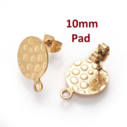 E559 -10 pcs (5 pairs) 304 Stainless Steel Golden Earring Posts/Studs/Settings - 10mm Diameter - Hole Size: 1.8mm - TEXTURED - Style E - with Loop