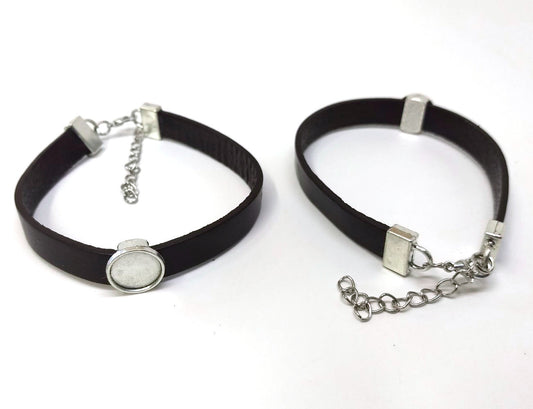 B078 - 2 pcs. Dark Brown REAL Leather Bracelets with 12mm Glue Pad Bezel Trays and Extender Chains - Adjustable from 7" to 9"