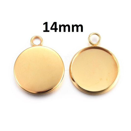 MP0019 - 10 pcs. 304 Stainless Steel Pendant Circle Posts Settings Bezels Cabochons - Golden - 14mm Glue Pad Setting - Tarnish Resistant!