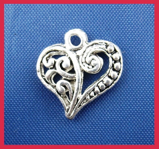 P742 - 100 pcs. Silver Tone Heart Tibetan Carved Filigree Dots Charms Pendants - 13mm x 14mm