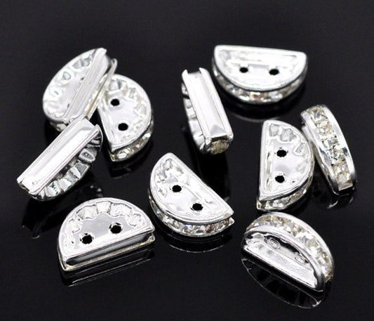 BD786 - 10 pcs Silver Plated Clear Rhinestone Half Rondelle Spacer Beads - 12mm x 7mm - Hole Size: 1.8mm - Made of Copper! High Quality!