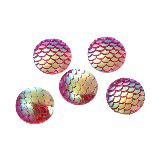CA010 - 10 pcs Mermaid Fish Scales Resin Carved Embellishment Cabochons Pink Red Multicolor AB - 12mm
