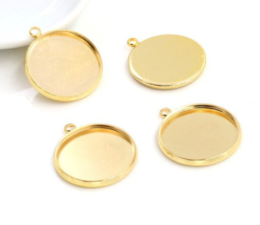 MP0022 - Gold Plated Circle Round Bezel Cabochon Pendant Tags Trays - 20mm Glue Pad - Single Loop - Hole Size: 1.4mm