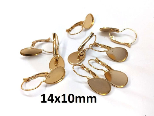 E578 - 10 pcs. (5 pairs) 304 Stainless Steel Gold Teardrop Earring Clips Lever Back Bezels Cabochons - 14mm x 10mm Glue Pad Setting - Drop