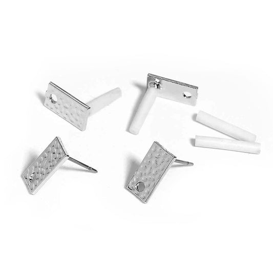 E348 - 10 pcs. (5 pairs) Silver Tone Earring Posts/Bases/Studs/Settings - Hammered Style - Rectangle - 12mm x 6mm - Hole Size: 1.7mm